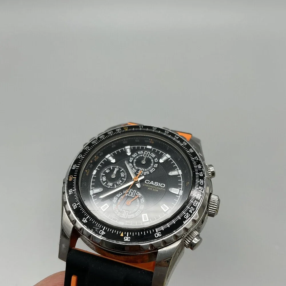 Casio MTP-4500 Mens Watch 41mm Black Dial Chronograph Black Orange Silicone